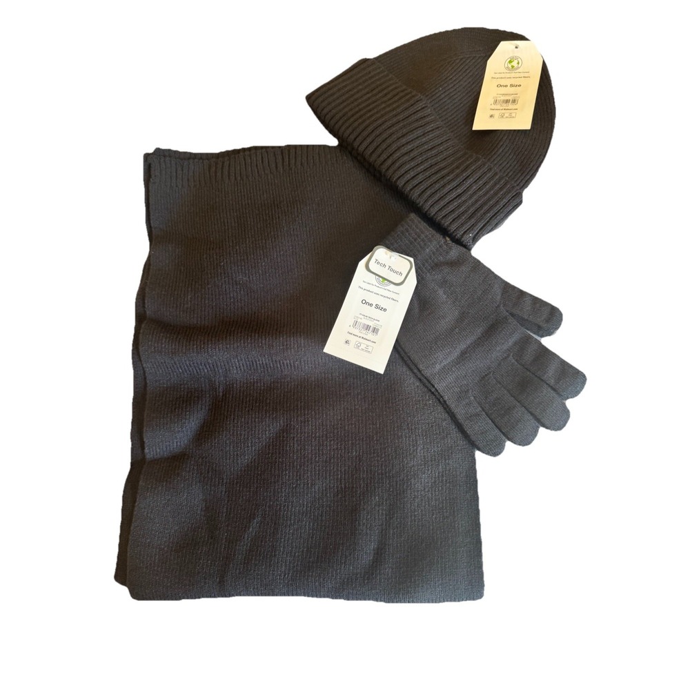 Time & Tru 3 Piece One Size Black Beanie Hat, Tech Gloves & Scarf Set NWT - Picture 1 of 6